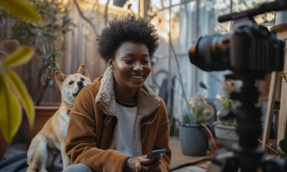 Influenciador gravando um vídeo de publicidade com o seu cachorro.