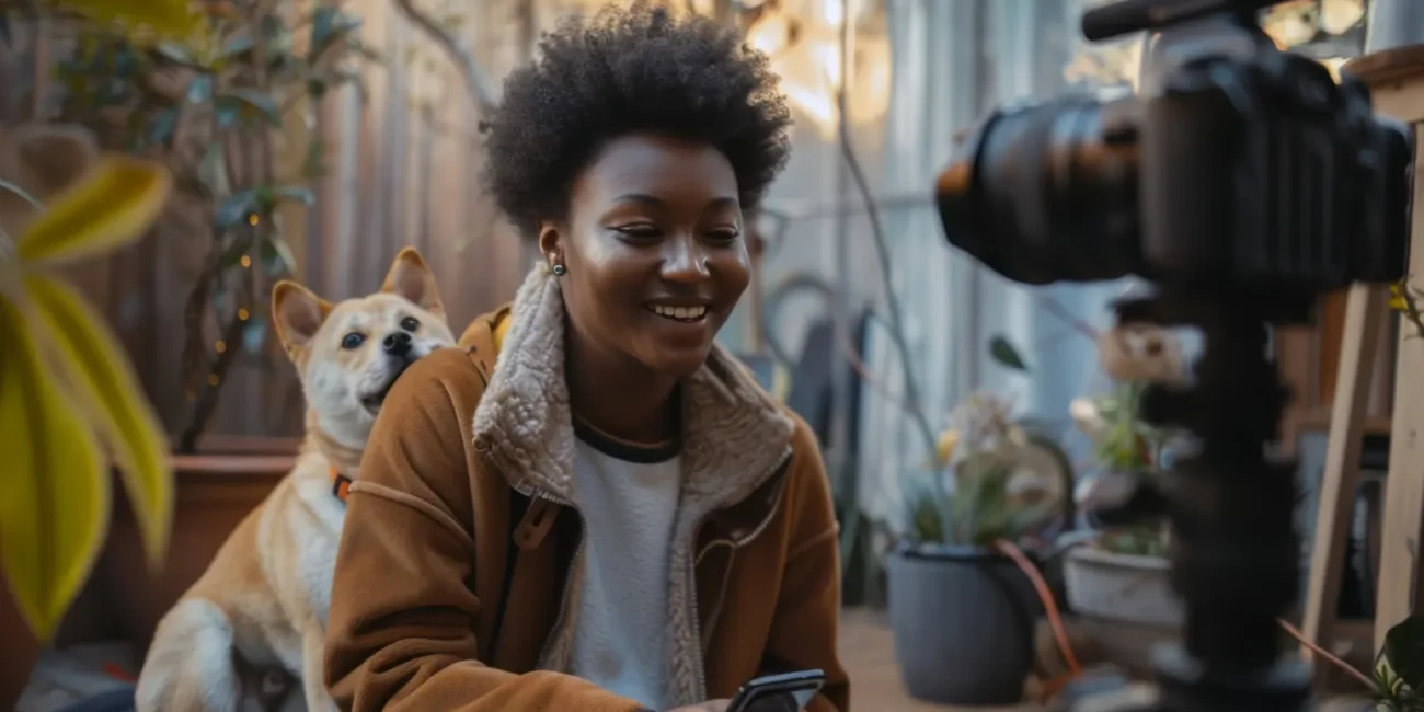 Influenciador gravando um vídeo de publicidade com o seu cachorro.