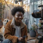 Influenciador gravando um vídeo de publicidade com o seu cachorro.